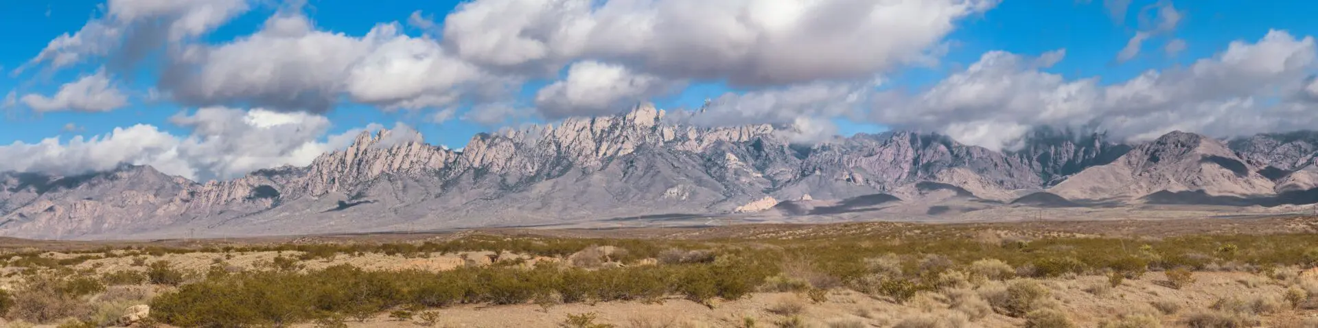 A desert with mountains in the background and clouds.